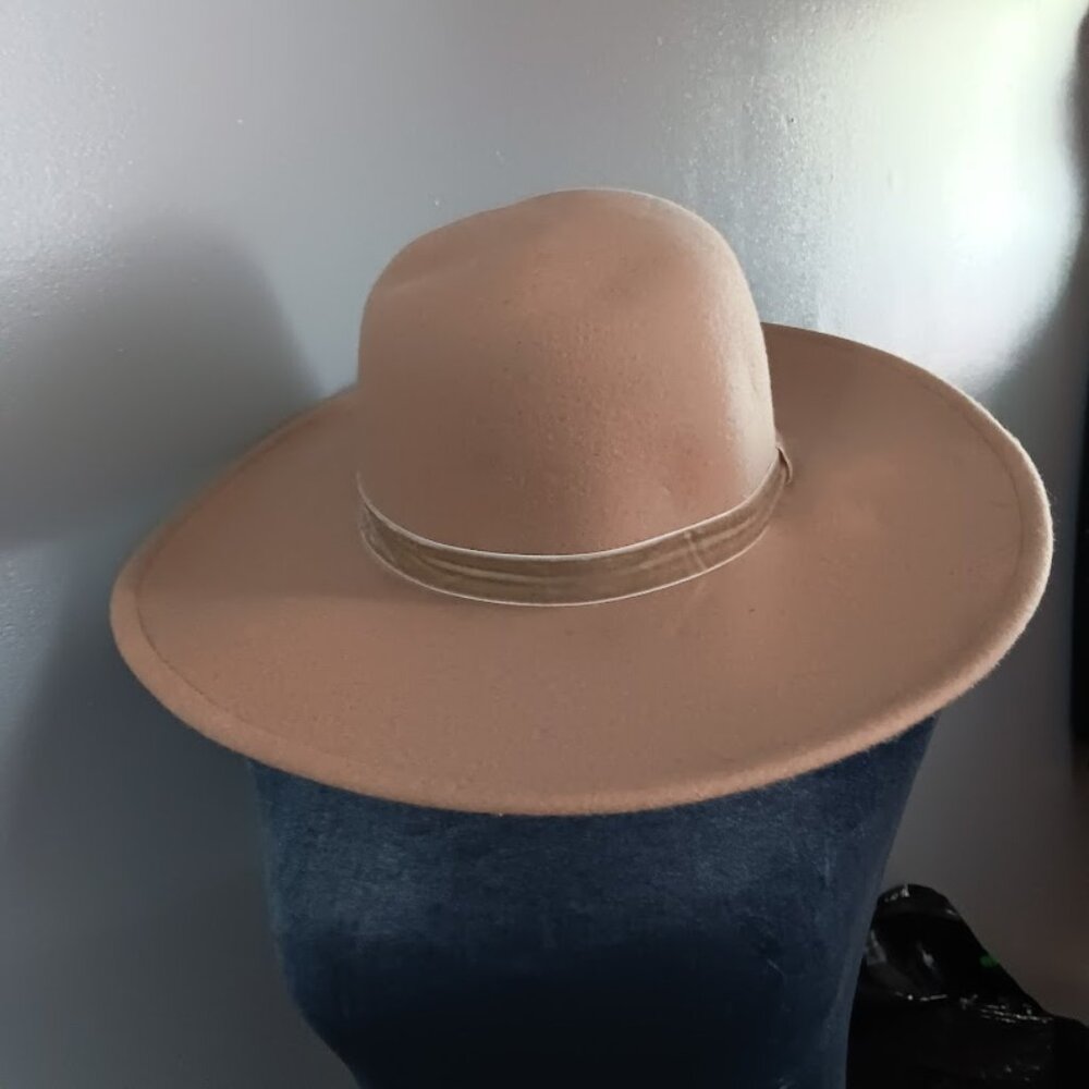 Tan Floppy Wool Hat With  Ribbon Trim